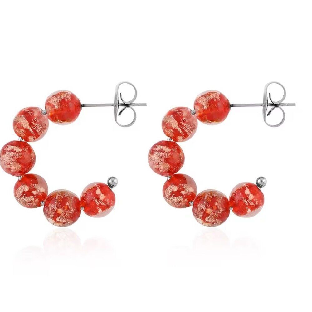 Red Murano Style J Hoop Earrings